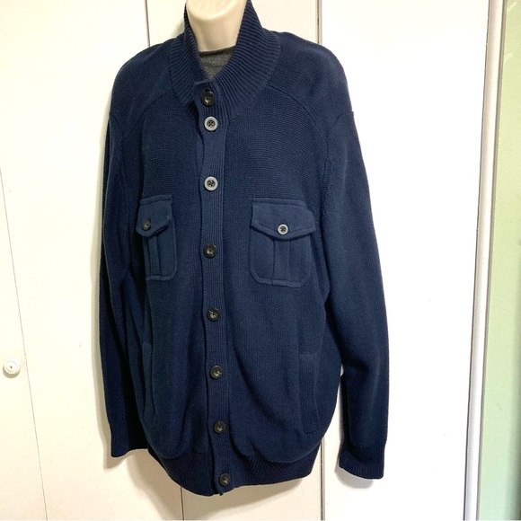 Grandpa Slouchy Cardigan Sweater John Bartlett Navy Blue Cotton  Patched Elbows - Picture 2 of 15